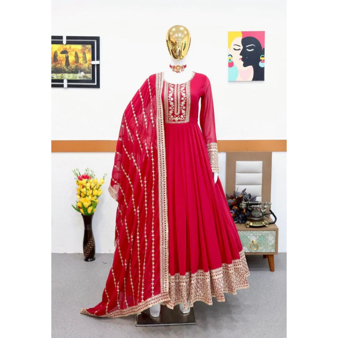 Red And Golden Embroidery Worked Long Designer Kurti