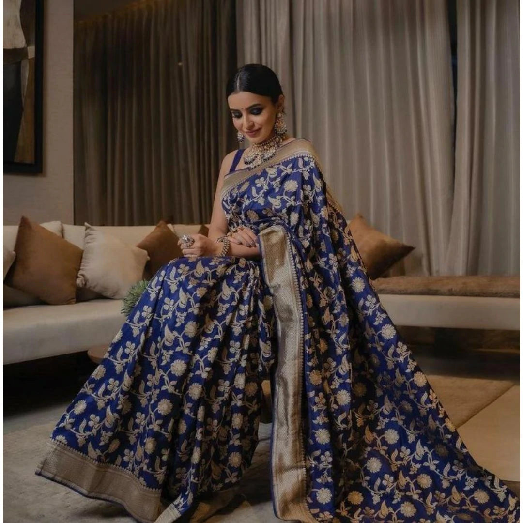 Navy Blue Printed Designer Kanjivaram Saree
