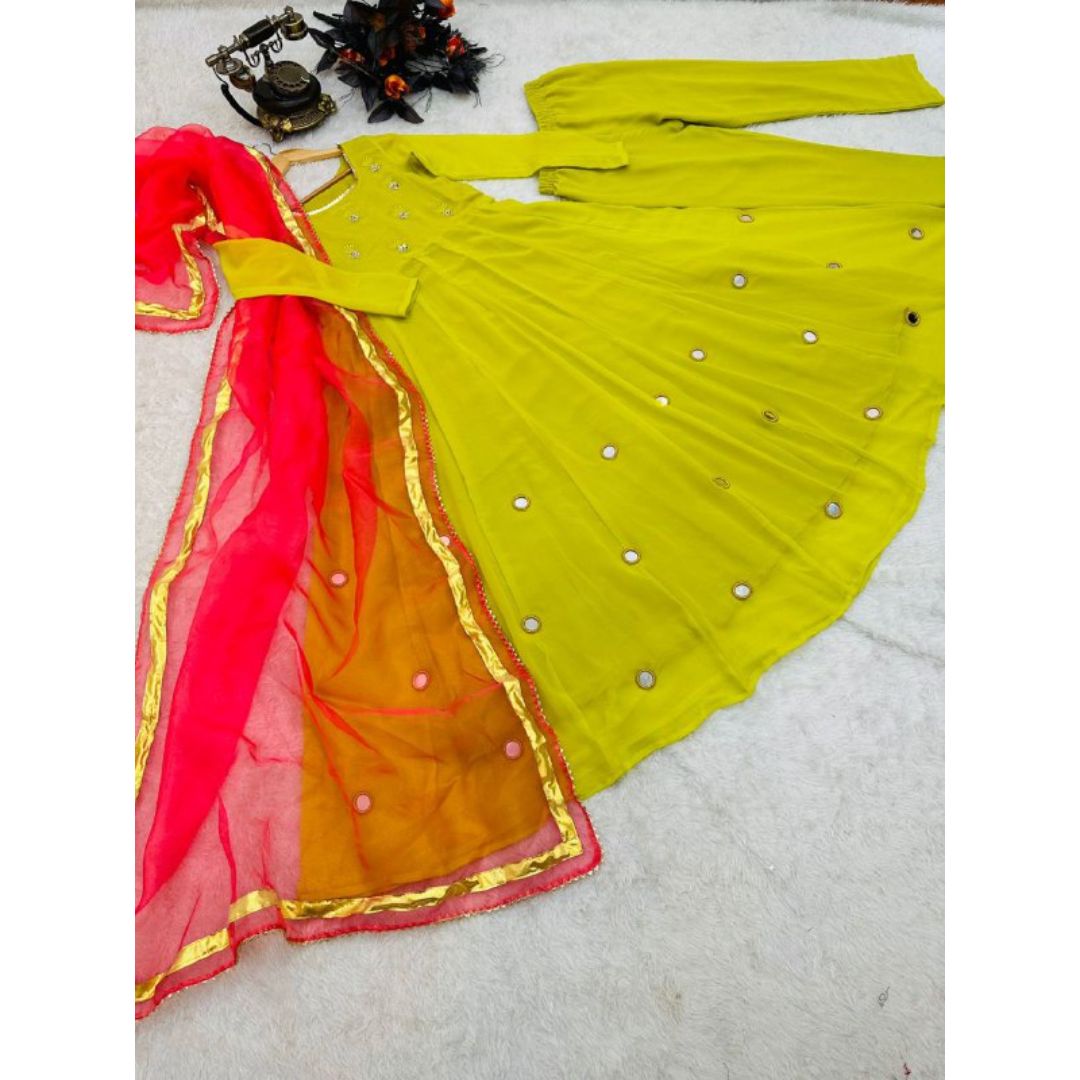Yellow Mirror Work Long Designer Kurti With Pant And Dupatta