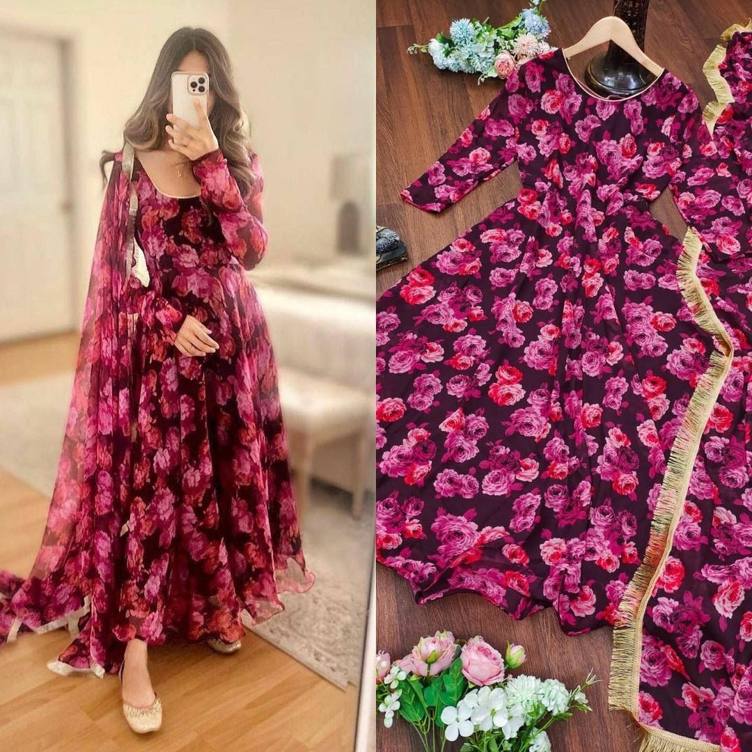 Wine Floral Printed Long Kurtis With Dupatta