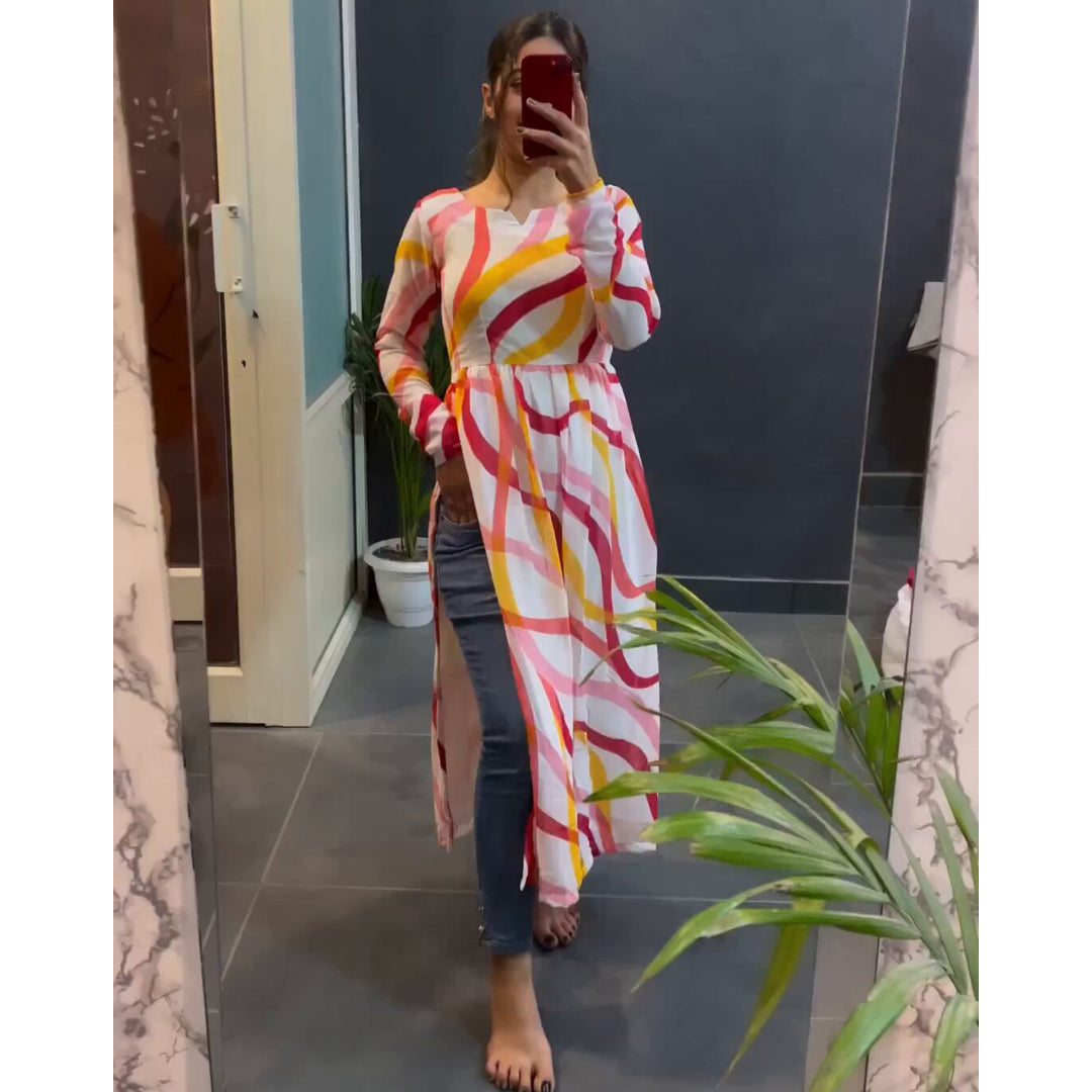 White Multi Colored Printed Nyra Cut Kurtis