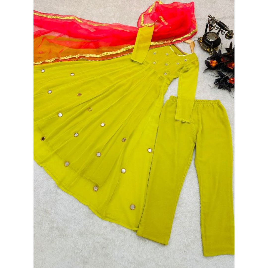 Yellow Mirror Work Long Designer Kurti With Pant And Dupatta