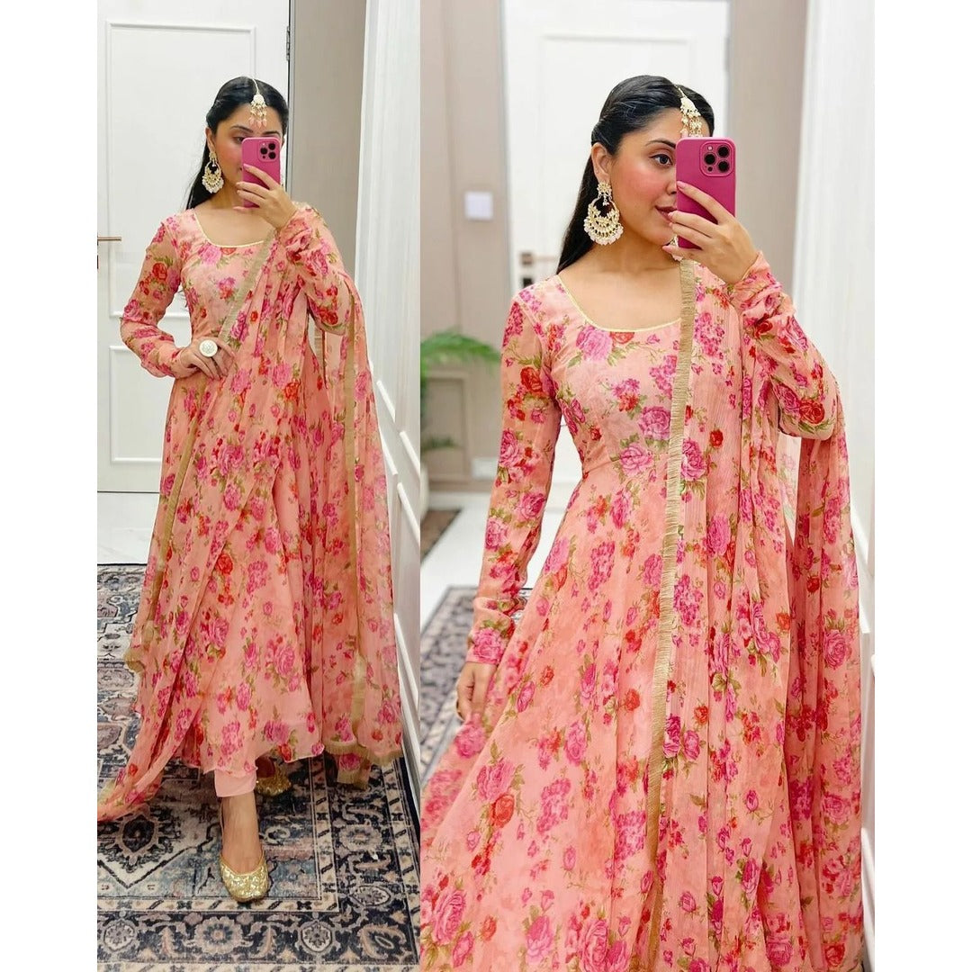 Peach Floral Printed Long Kurtis