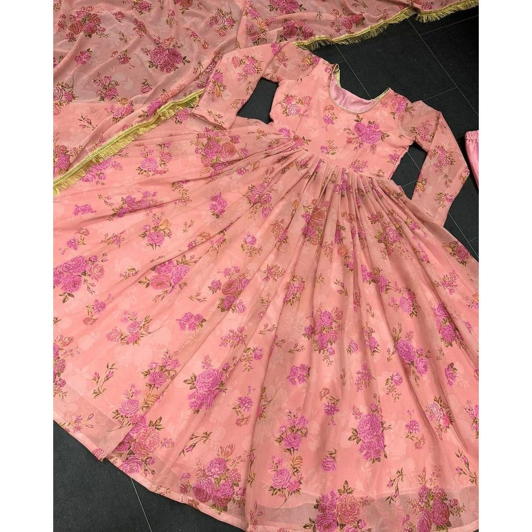 Peach Floral Printed Long Kurtis