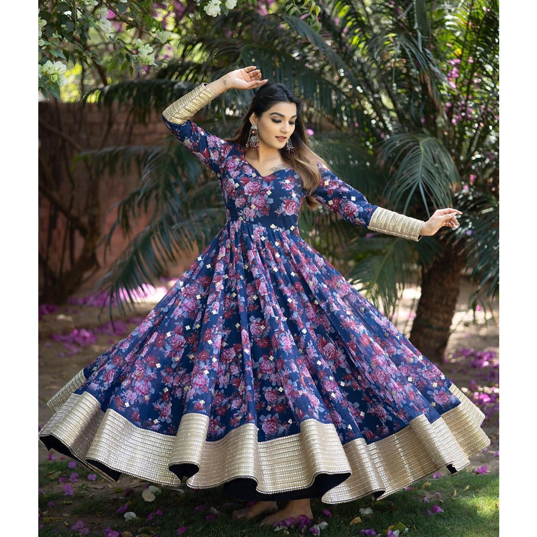 Navy Blue Floral Printed Long Dress