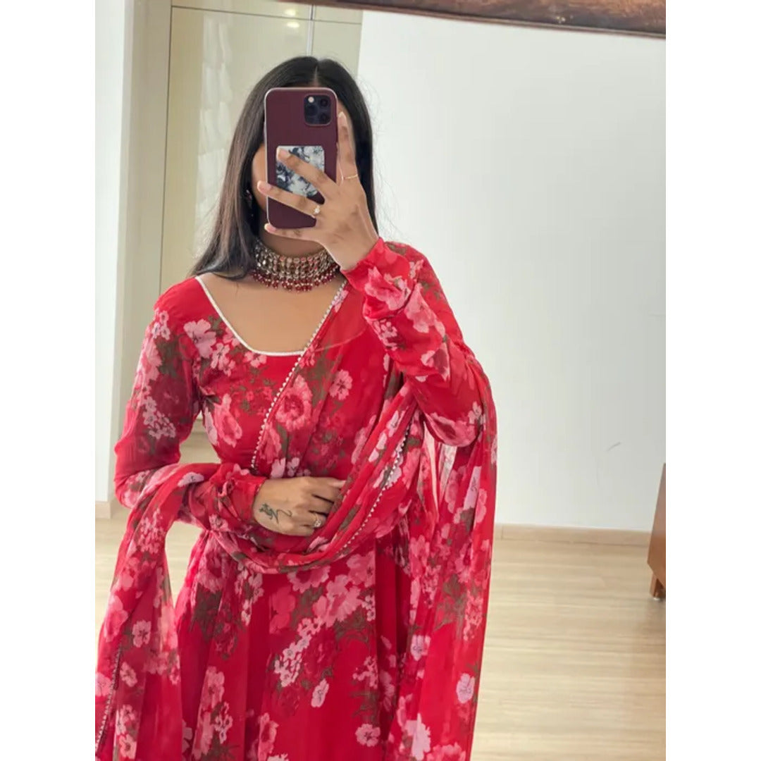 Hot Red Floral Printed Long Kurtis Set