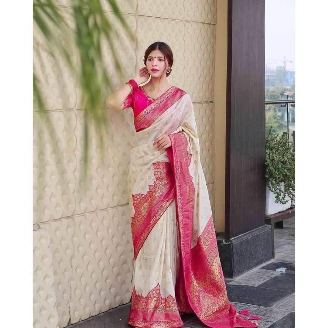White And Pink Designer Silk Saree