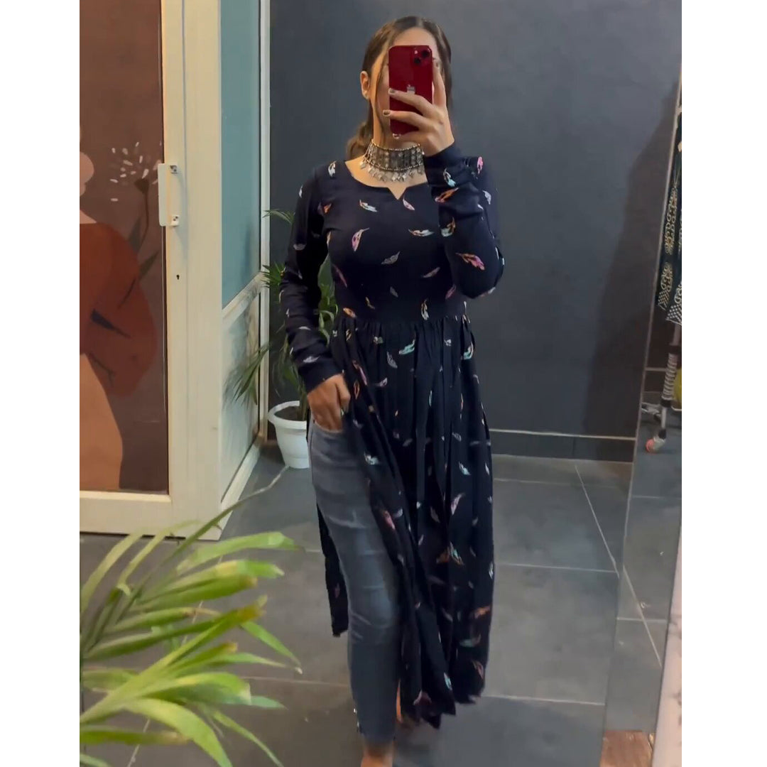 Navy Blue Leaf Printed Nyra Cut Kurtis
