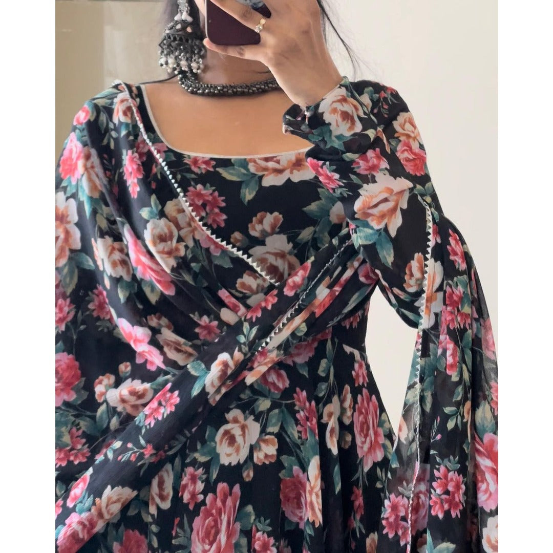 Black Floral Printed Kurtis With Dupatta