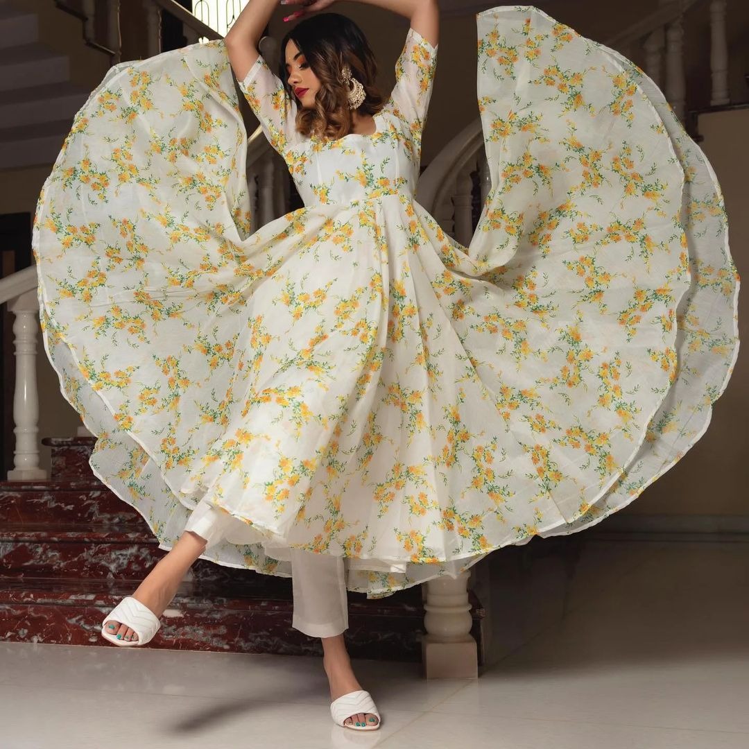 White And Yellow Floral Printed Kurtis Set