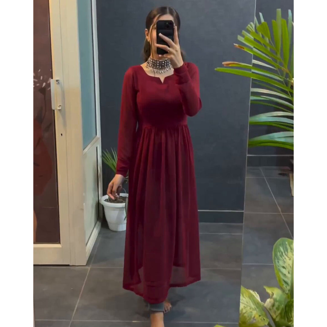 Maroon Plain Georgette Nyra Cut Kurti