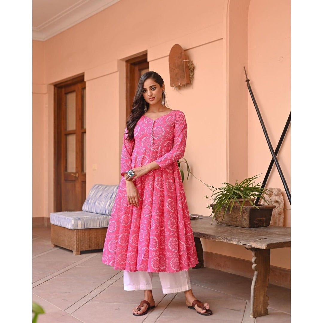 Pink Bandhani Printed Kurtis With Palazzo