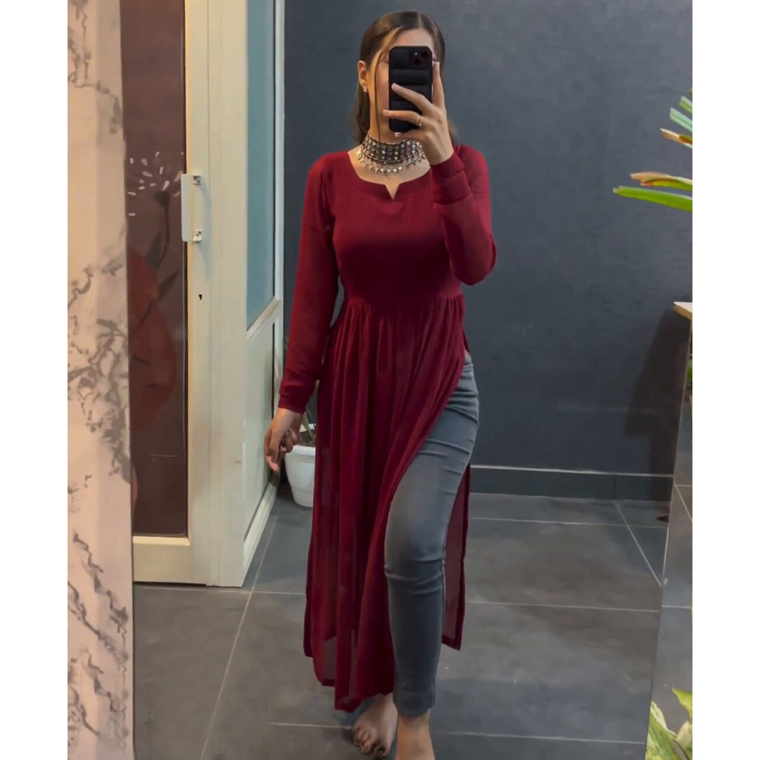 Maroon Plain Georgette Nyra Cut Kurti