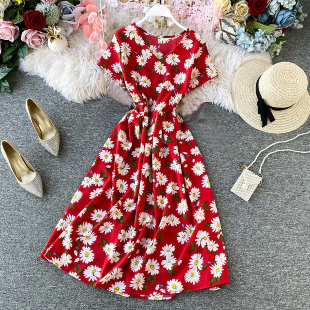 Hot Red Floral Printed Midi Dress