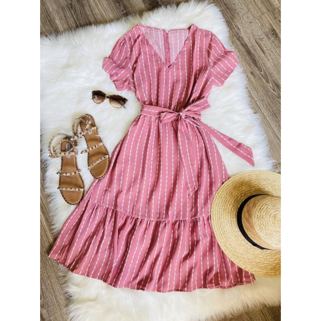 Peach Strip Printed Midi Dress