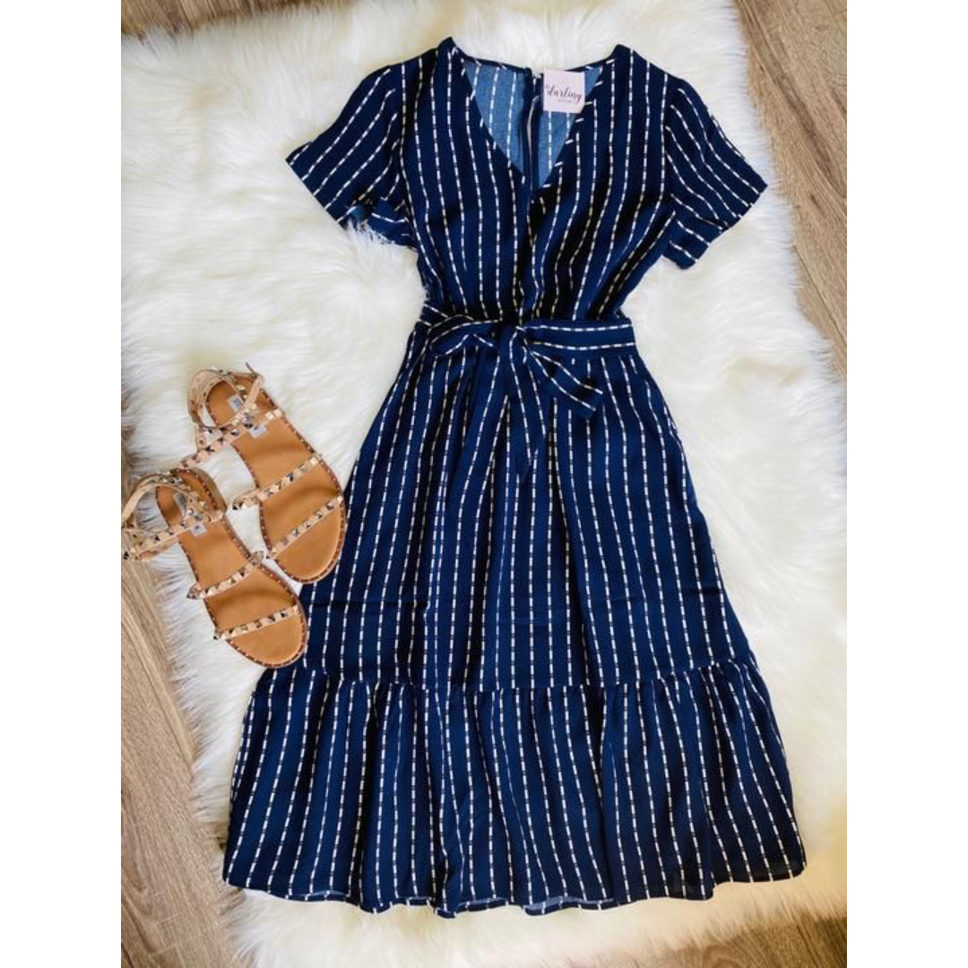 Navy Blue Strip Printed Midi Dress