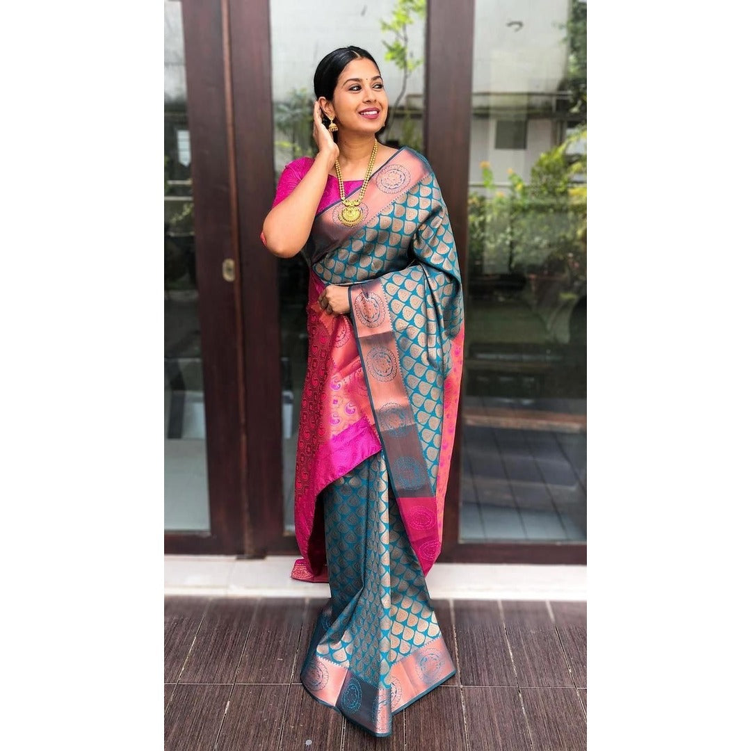 Sky Blue And Pink Silk Saree With Golden Zari