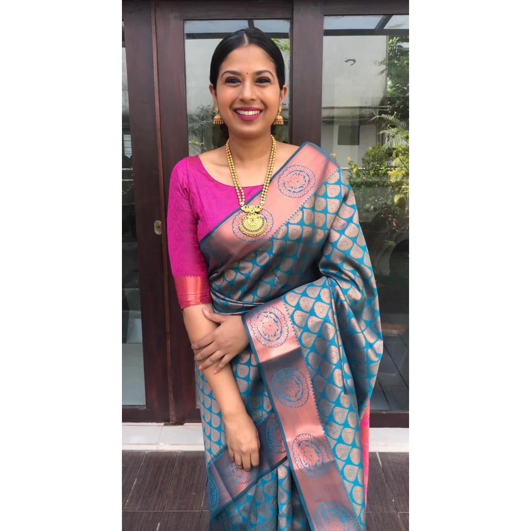 Sky Blue And Pink Silk Saree With Golden Zari
