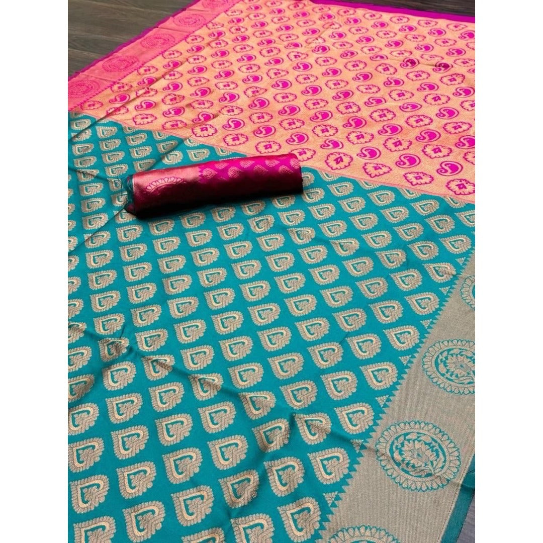 Sky Blue And Pink Silk Saree With Golden Zari