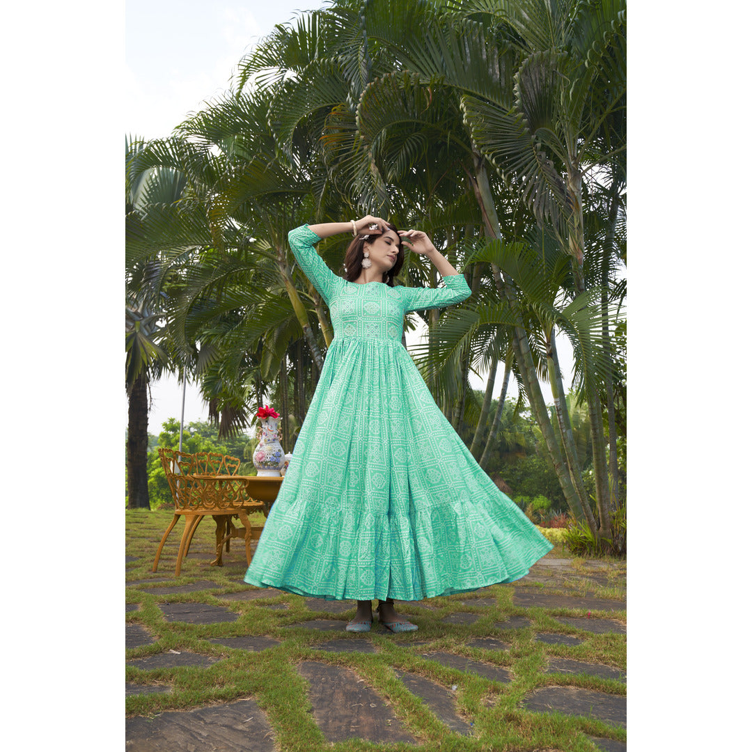 Aqua Green Printed Long Kurtis With Handwork