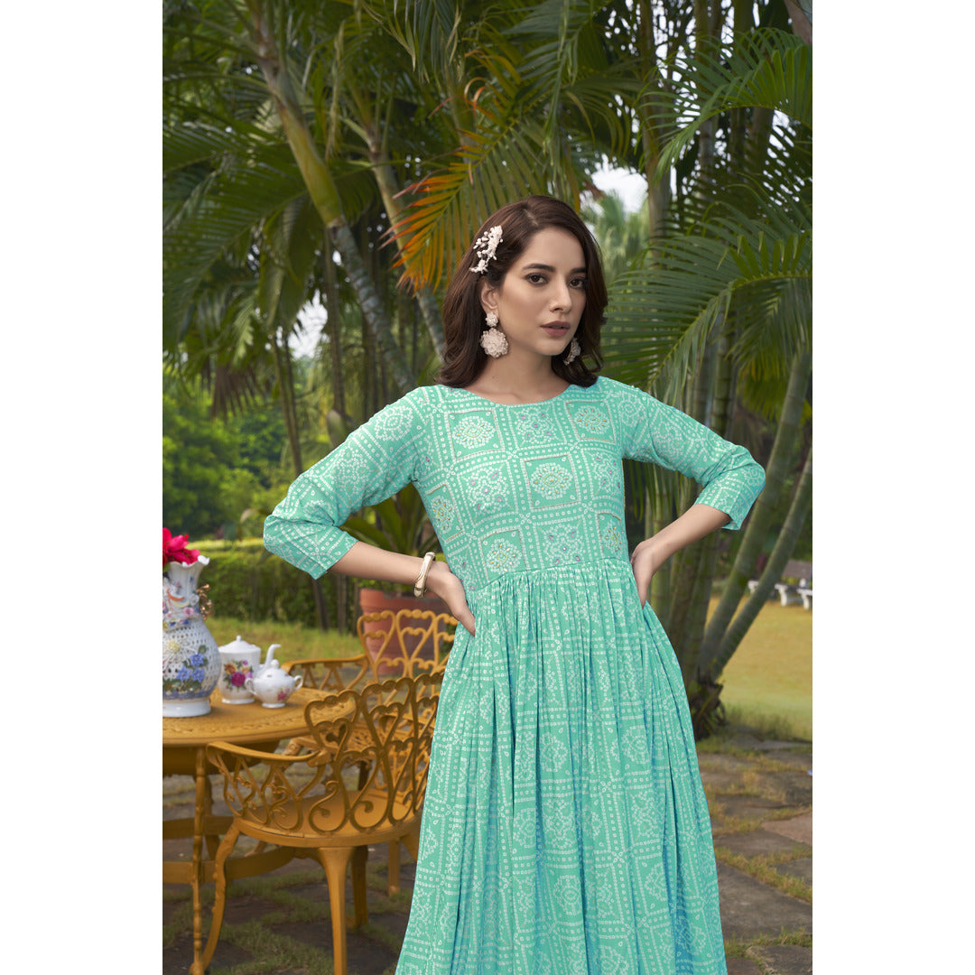 Aqua Green Printed Long Kurtis With Handwork