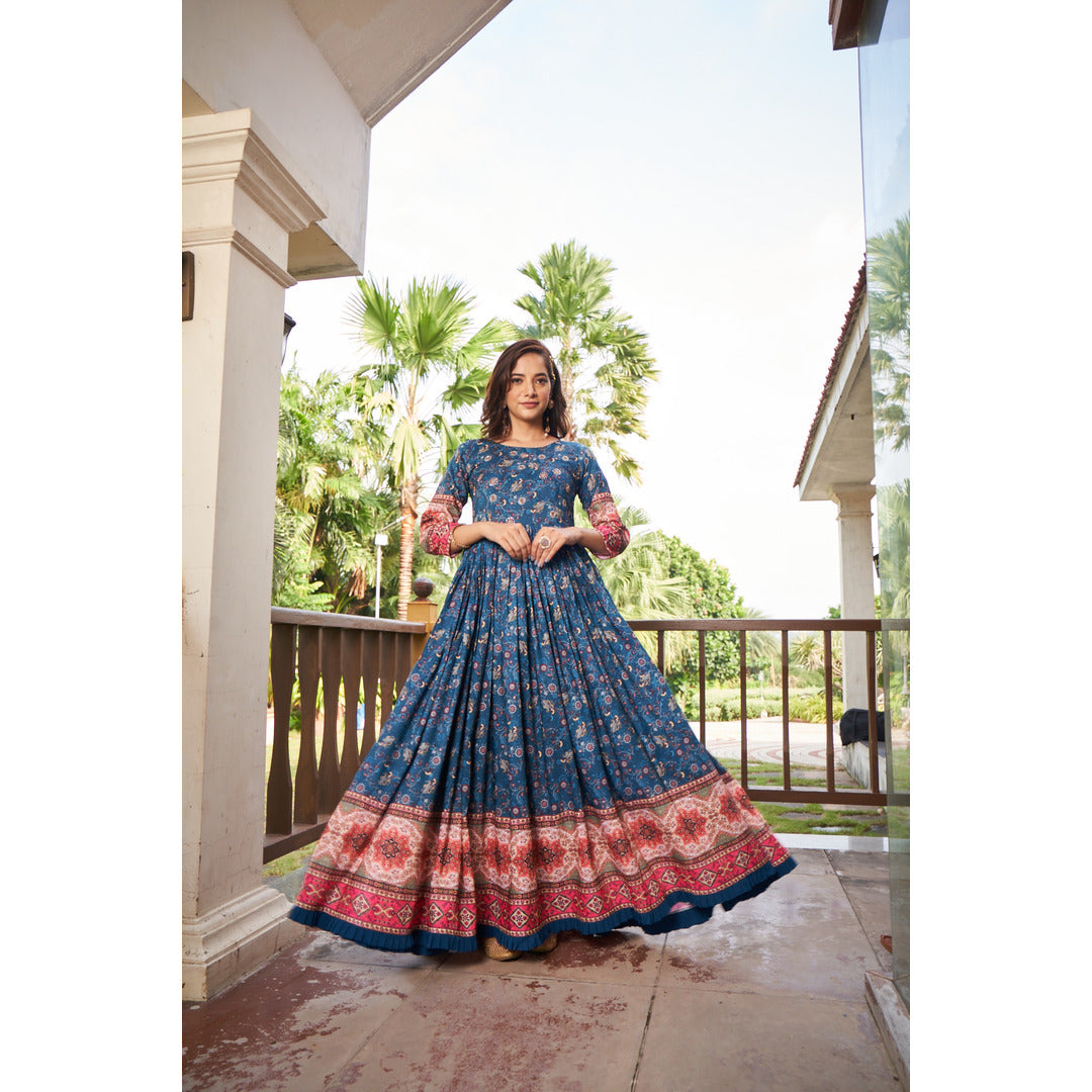 Peacock Blue Printed Long Kurtis With Handwork