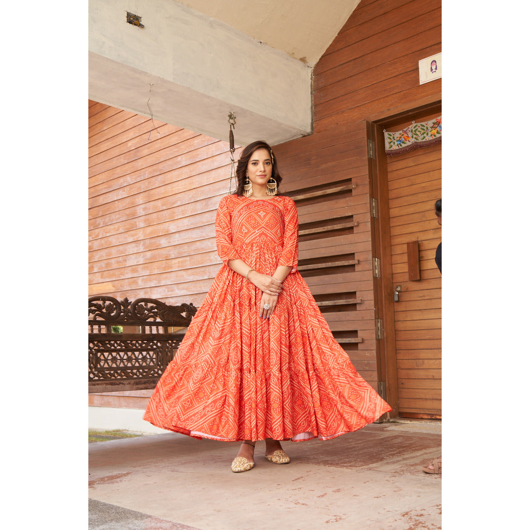 Orange Red Long Flair Kurtis With Handwork