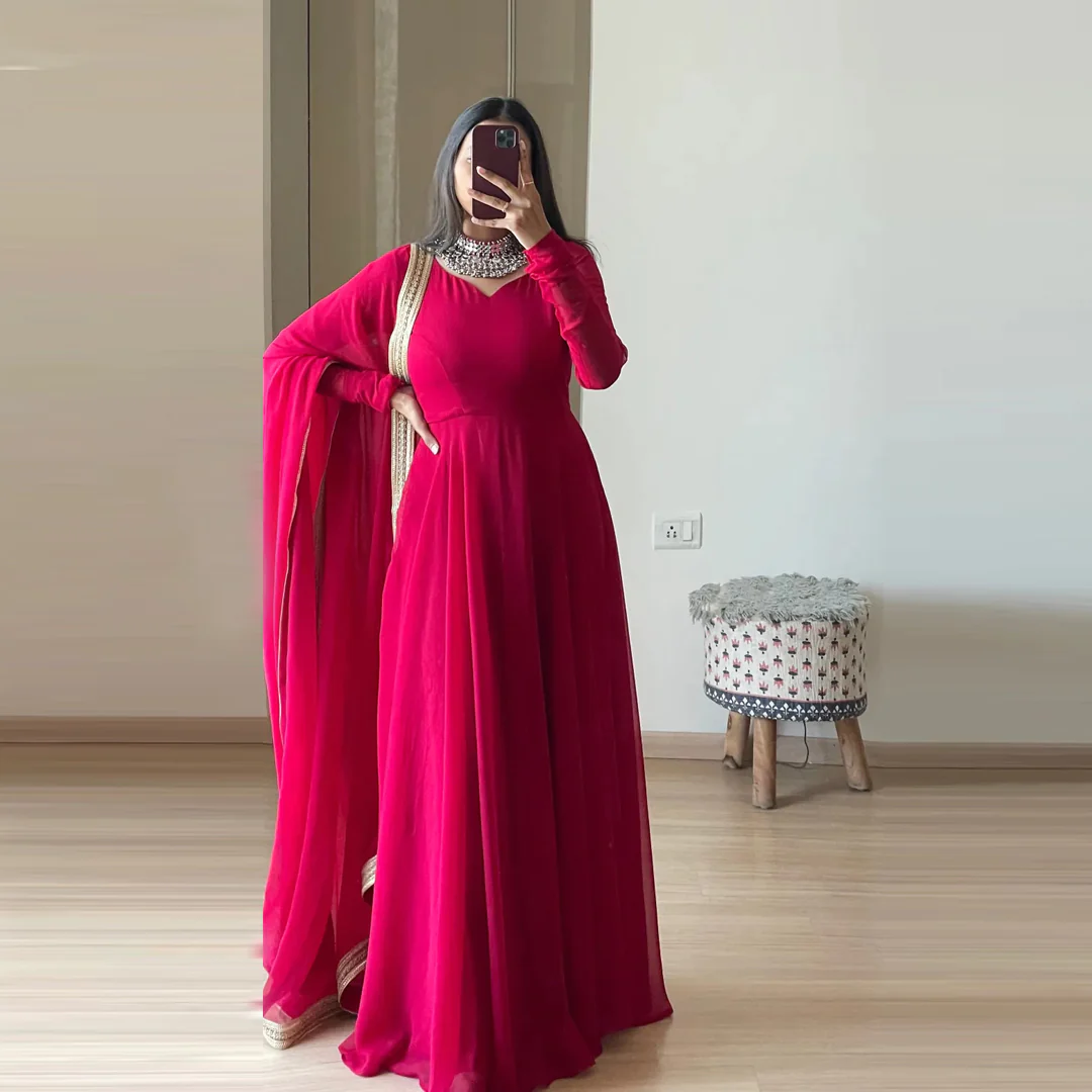 Rani Pink Plain Long Kurtis With Dupatta
