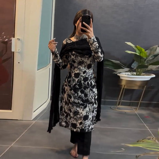 Grease Black Printed Georgette Kurti Set