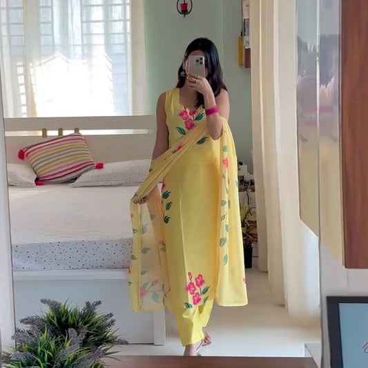 Yellow Floral Sleeveless Designer Kurti Set