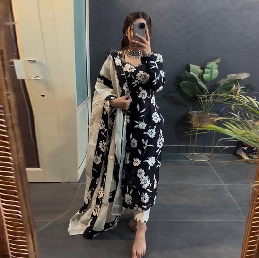 Raven Black Floral Printed Designer Kurti Set