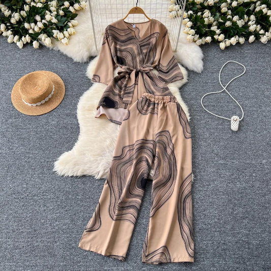 Beige Graphic Printed Co-Ord Set With Belt