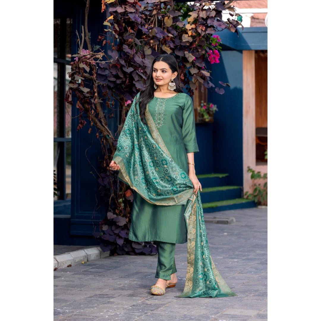 Turkish Green Embroidery Kurti With Jacquard Dupatta And Pant