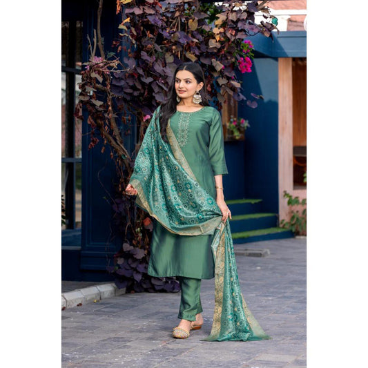 Turkish Green Embroidery Kurti With Jacquard Dupatta And Pant
