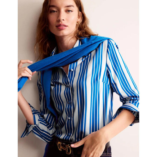 White And Blue Stripe Printed Women Shirt