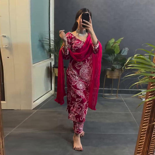 Glossy Maroon Printed Muslin Designer Kurti Set