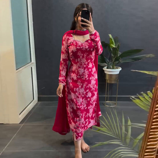 Special Pink Printed Georgette Blossom Kurti Set