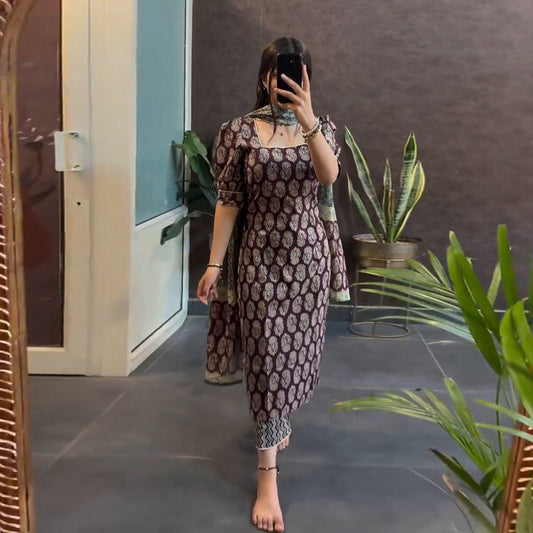 Brown Printed Cotton Bliss Kurti Set