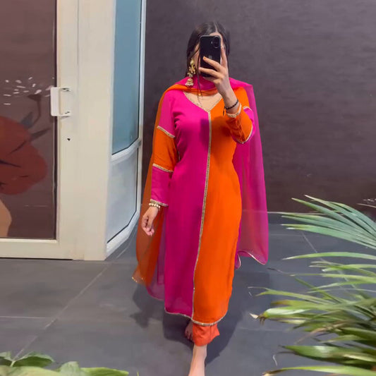 Orange And Pink Designer Georgette Kurti Set