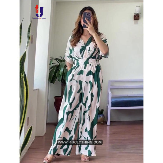 White And Green Printed Jumpsuit