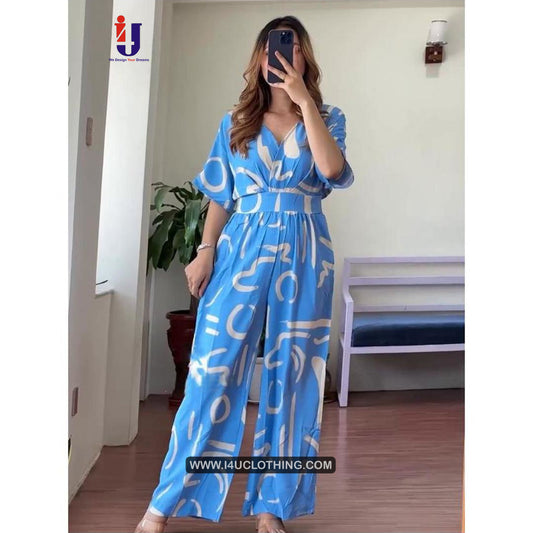 White And Sky Blue Printed Jumpsuit