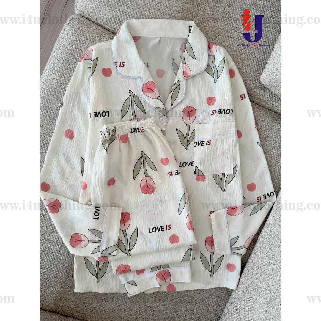 White And Pink Floral Printed Shirt Pyjama Set