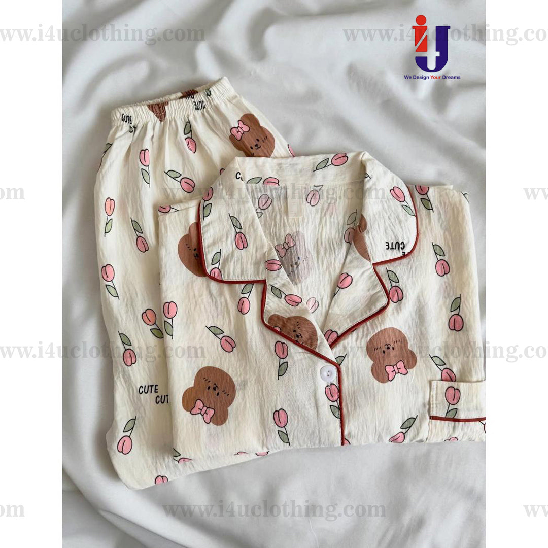Bear Motifs Floral Accents Printed Shirt Pyjama Set