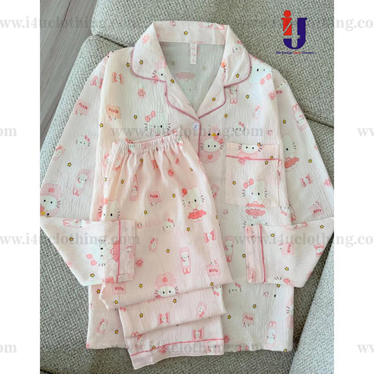 Light Pink Cartoon Printed Shirt Pyjama Set