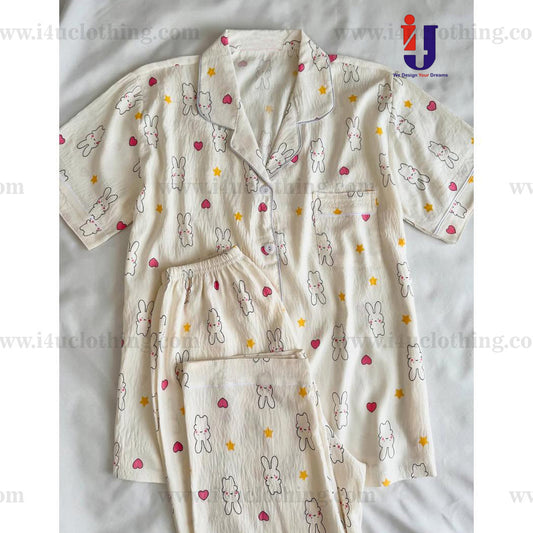 Bunny Motifs Printed Button Down Shirt Pyjama Set