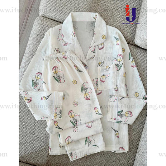 White Minimal Floral Printed Shirt Pyjama Set