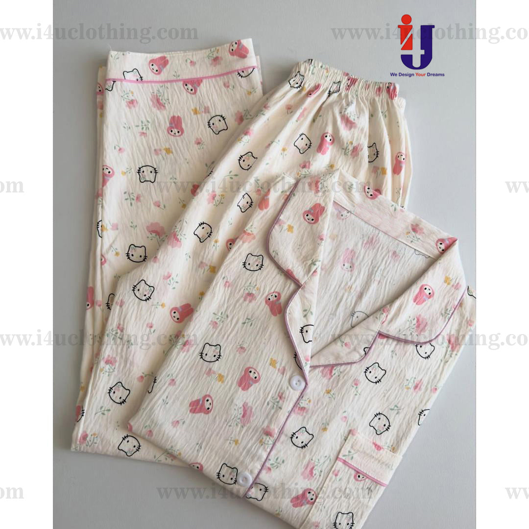 Pastel Pink Cartoon Printed Shirt Pyjama Set