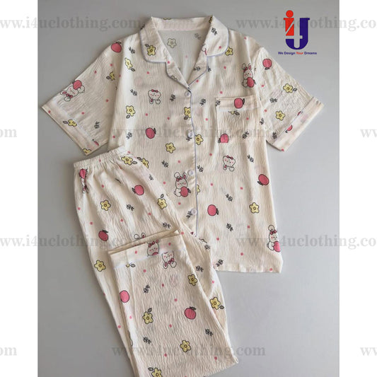 Pastel Pink Cartoon Printed Shirt Pyjama Set