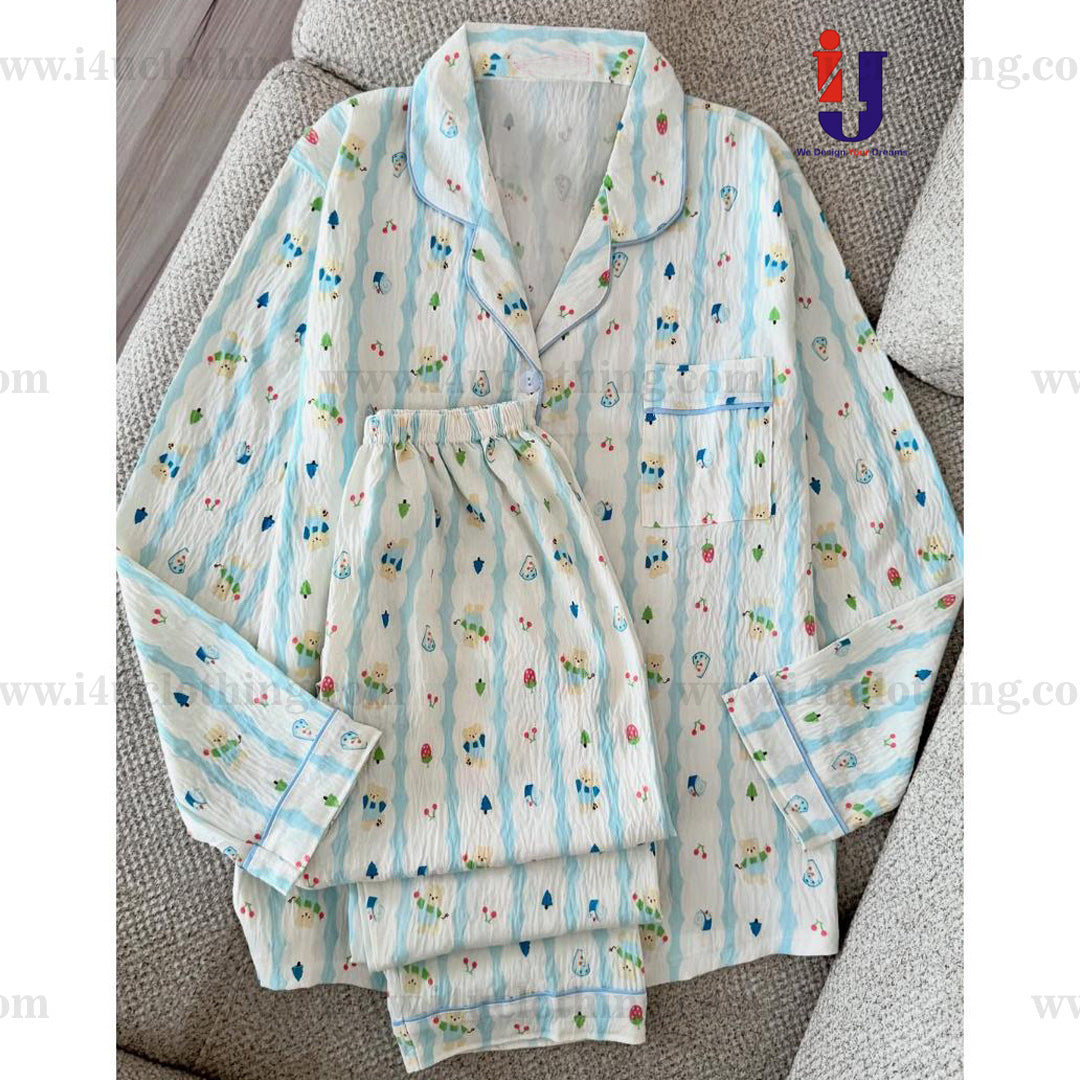 Sky Blue And White Striped Printed Shirt Pyjama Set
