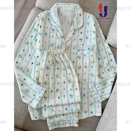 Sky Blue And White Striped Printed Shirt Pyjama Set